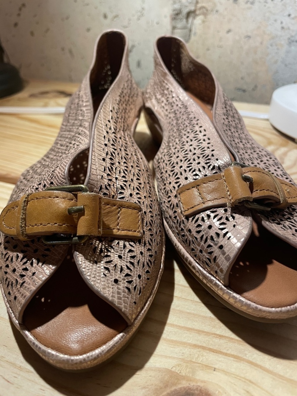 gentle souls Blush Laser-Cut Peep-Toe Sandals with Tan Buckle